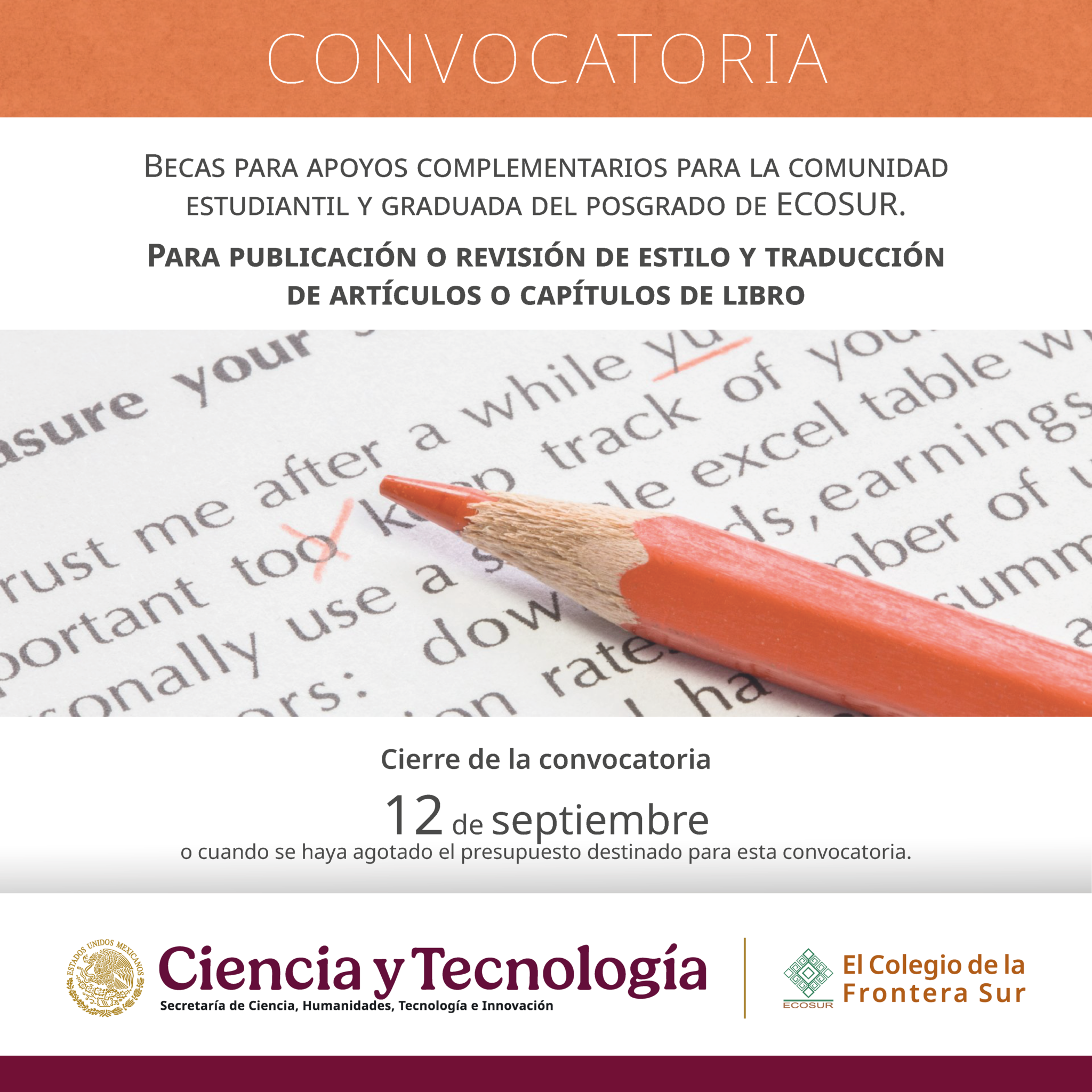 CONVOCATORIA ECOSUR 2025 BECAS PARA APOYOS COMPLEMENTARIOS PARA LA COMUNIDAD ESTUDIANTIL Y GRADUADA DEL POSGRADO: PARA PUBLICACIÓN O REVISIÓN DE ESTILO Y/O TRADUCCIÓN DE ARTÍCULOS O CAPÍTULOS DE LIBRO